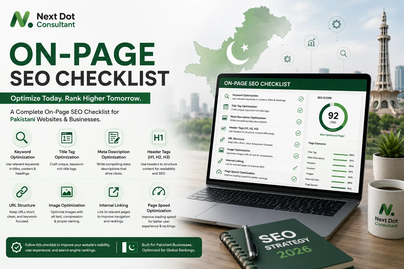 A detailed checklist on a digital tablet showing on-page SEO factors like title tags, headings, and image alt text, with Pakistani business elements in the background